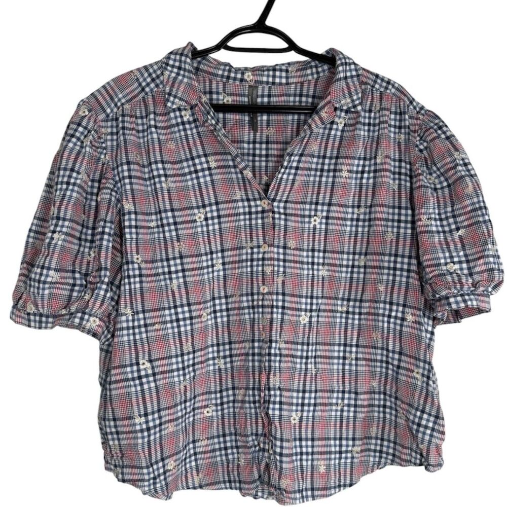 Anthropologie Womens Plaid Floral Button Up Top Sz XL Cottagecore Southern